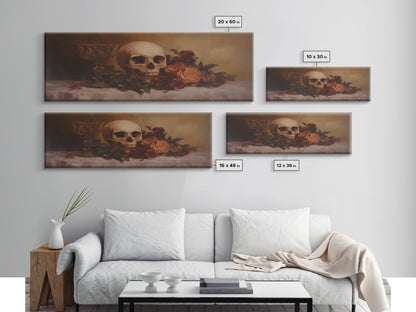 Skull and Flowers Canvas Print, Panoramic Goth Art, Extra Wide Wall Art, Goth Home Decor, Wide Art, Gothic Dark Academia Witchy Wall Art