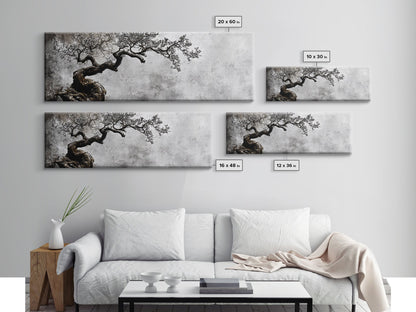 Black and White Bonzai Tree Framed Canvas Print, Wabi Sabi Japanese Style Home Decor, Minimalist Art, Moody Decor, Moody Art
