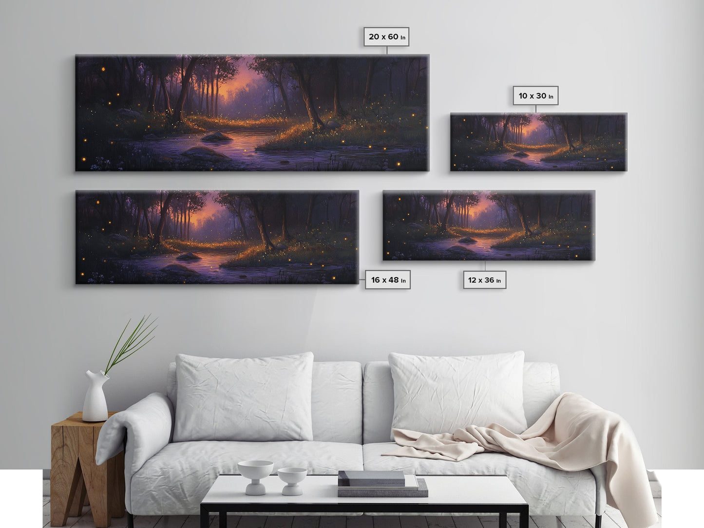 Panoramic Fantasy Forest Canvas Print, Fireflies Light Up The Night Sky in A Fantasy Forest,  Fantasy Painting