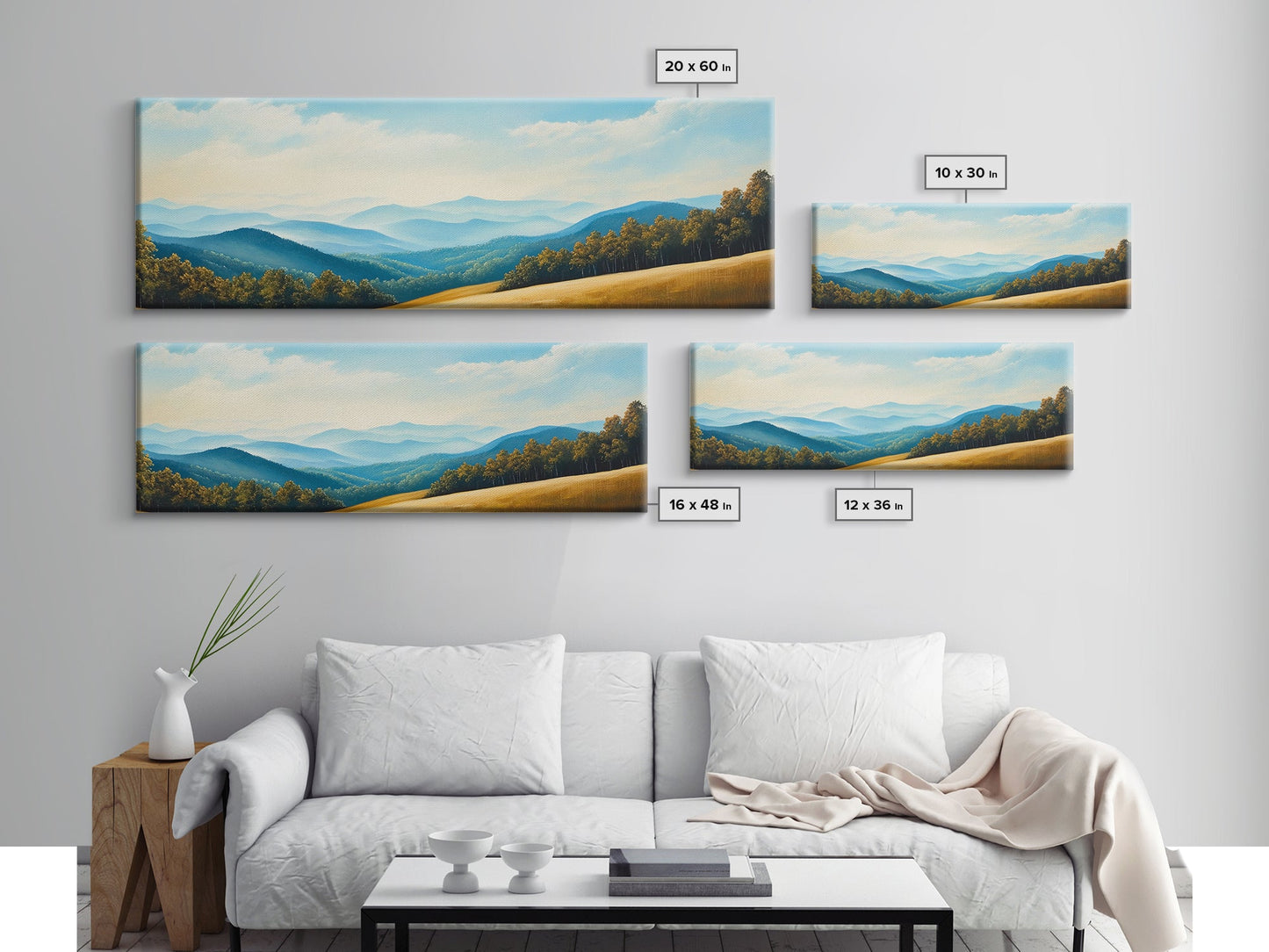 Blueridge Mountains Framed Canvas Print, Blue Ridge Mountains Painting, Panoramic Landscape Painting, Horizontal Wall Decor