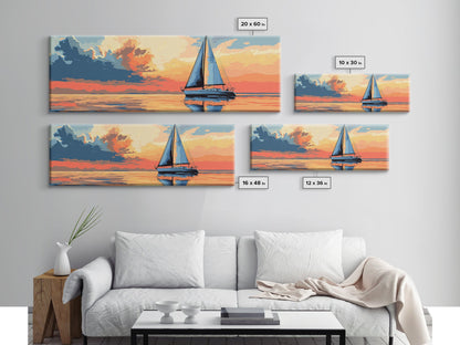 Retro Sailboat Painting Print Framed Canvas - Pop Art Sailboat Painting - Sailboat Wall Art - Nautical Landscape Ocean Painting - Home Decor