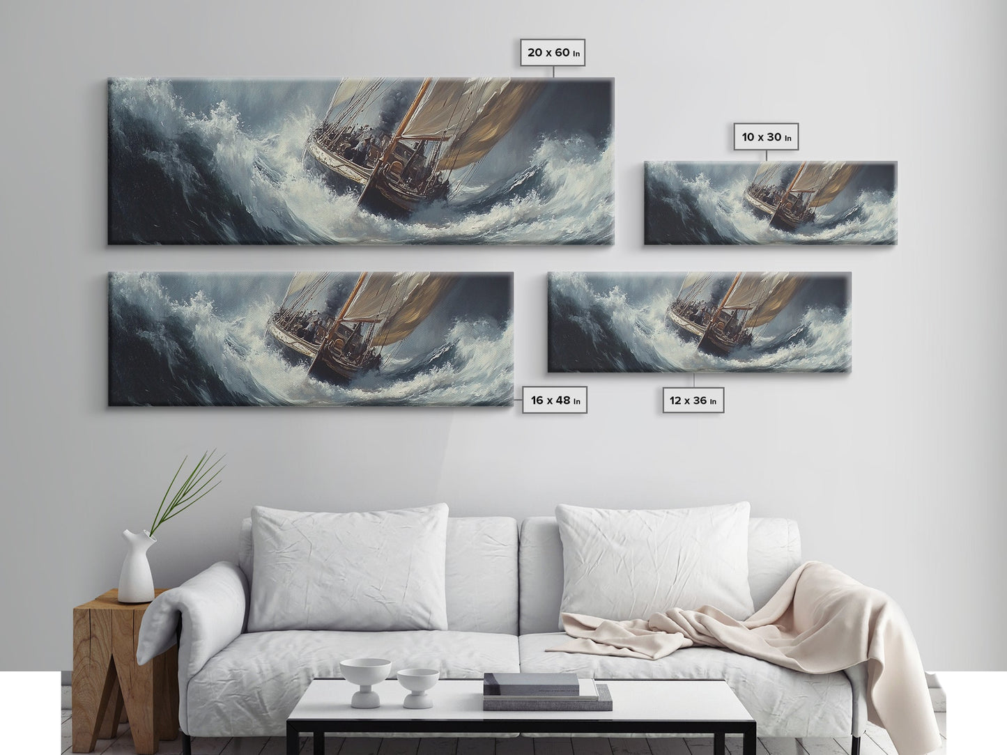 The Storm and the Sailboat Framed Canvas Print - Sailboat Painting - Nautical Decor - Hurricane Painting - Nautical Sailboat Landscape Painting