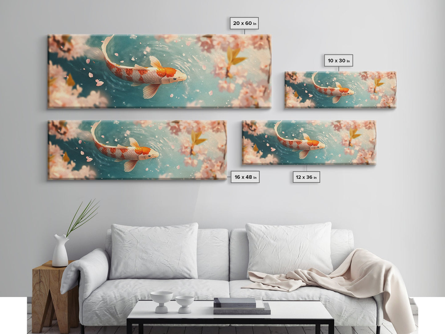 Reflections of a Koi Fish Panoramic Print, Canvas Print, Ready To Hang Wall Art, Koi Fish Painting, Soothing Decor, Zen Studio Art