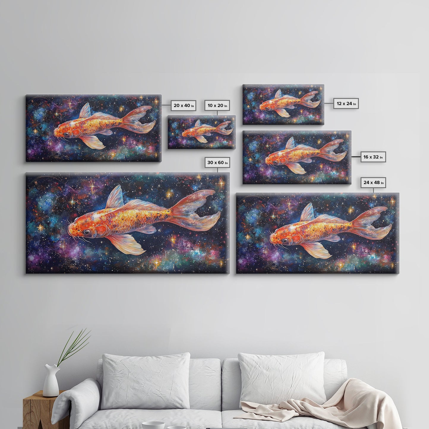 Galactic Koi Fish Framed Canvas Print, Retro Colorful Wall Art, Koi Fish Painting, Koi Wall Art, Space Art, Space Fish Painting