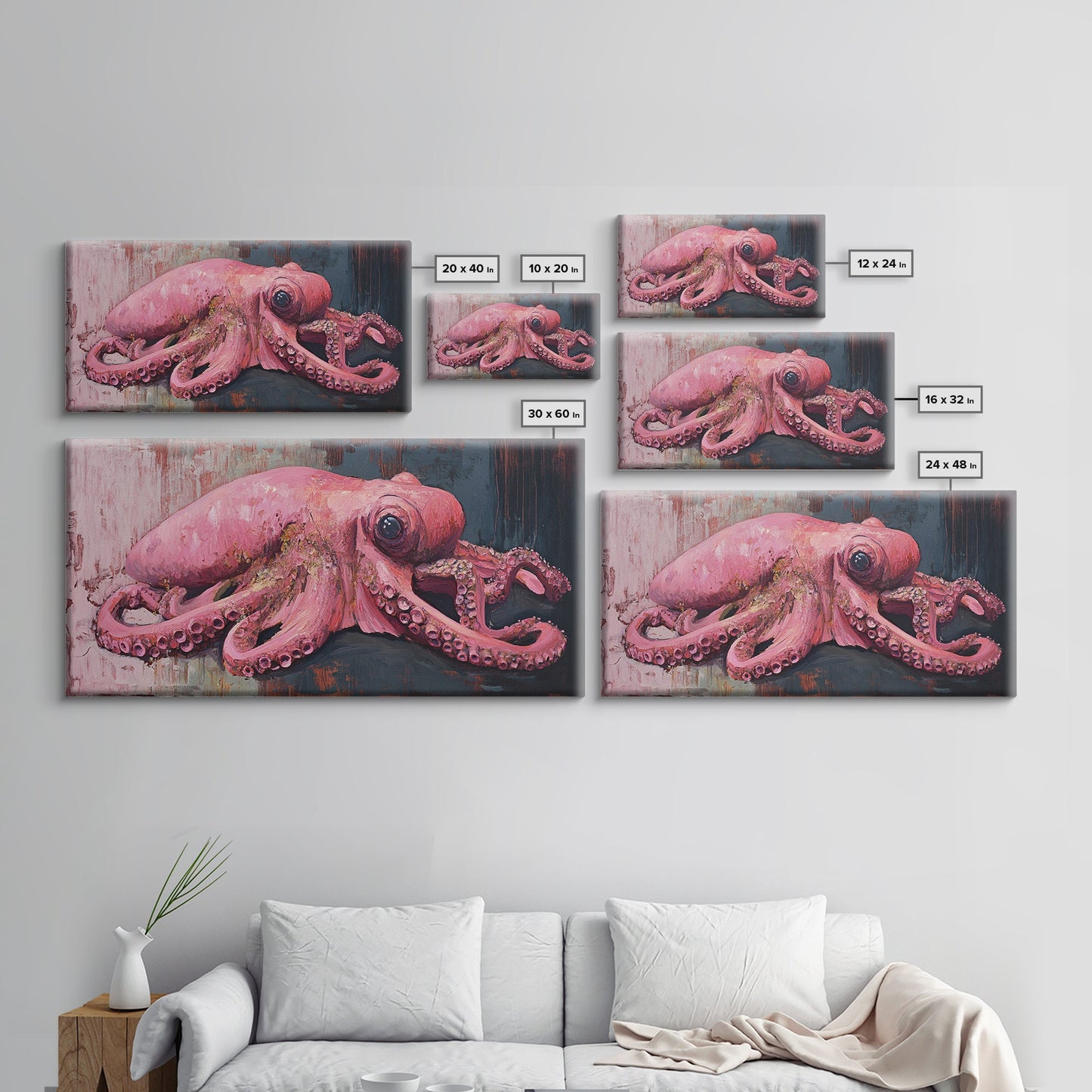 Pink Octopus Framed Canvas Print - Wabi Sabi Style Minimalist Wall Art - Octopus Painting