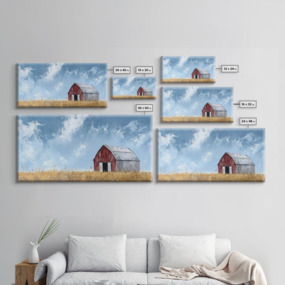 Old Building Farm In A Wheat Field, Framed Canvas Painting Print, Panoramic Rural Landscape Wall Art Rustic Barn Country Side Ready To Hang