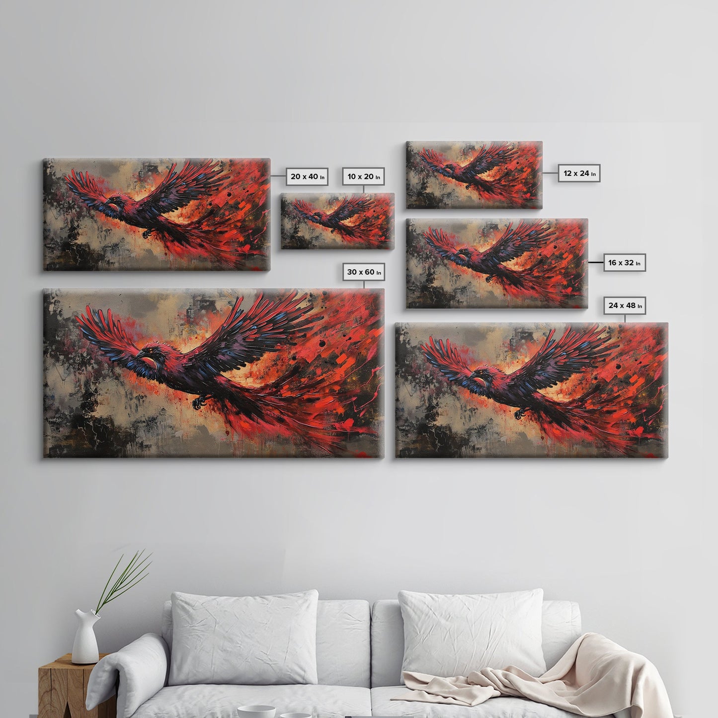 Grunge Phoenix Painting, Framed Canvas Print, Vibrant Phoenix Wall Art Print, Mythical Poster Art, Printed Wall Art