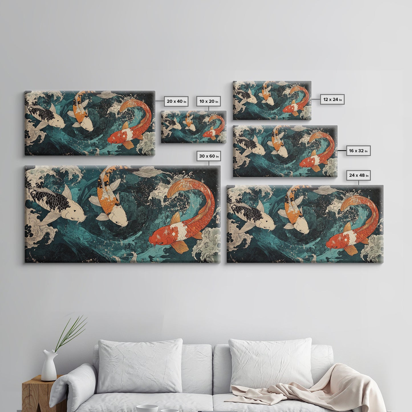 Large Oil Painting of Koi Fish Canvas Print, Vibrant Koi Fish Wabi Sabi Japanese Style Artwork, Minimalist Home Decor Living Room Wall Art