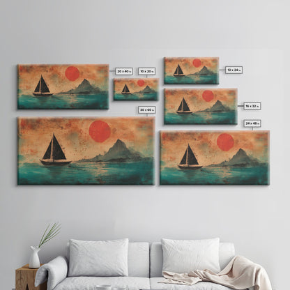 Wabi Sabi Wall Art, Japanese Sailboat Painting Print, Framed Canvas, Ocean Art, Beach House Decor, Bedroom Wall Art, Nautical Wall Art