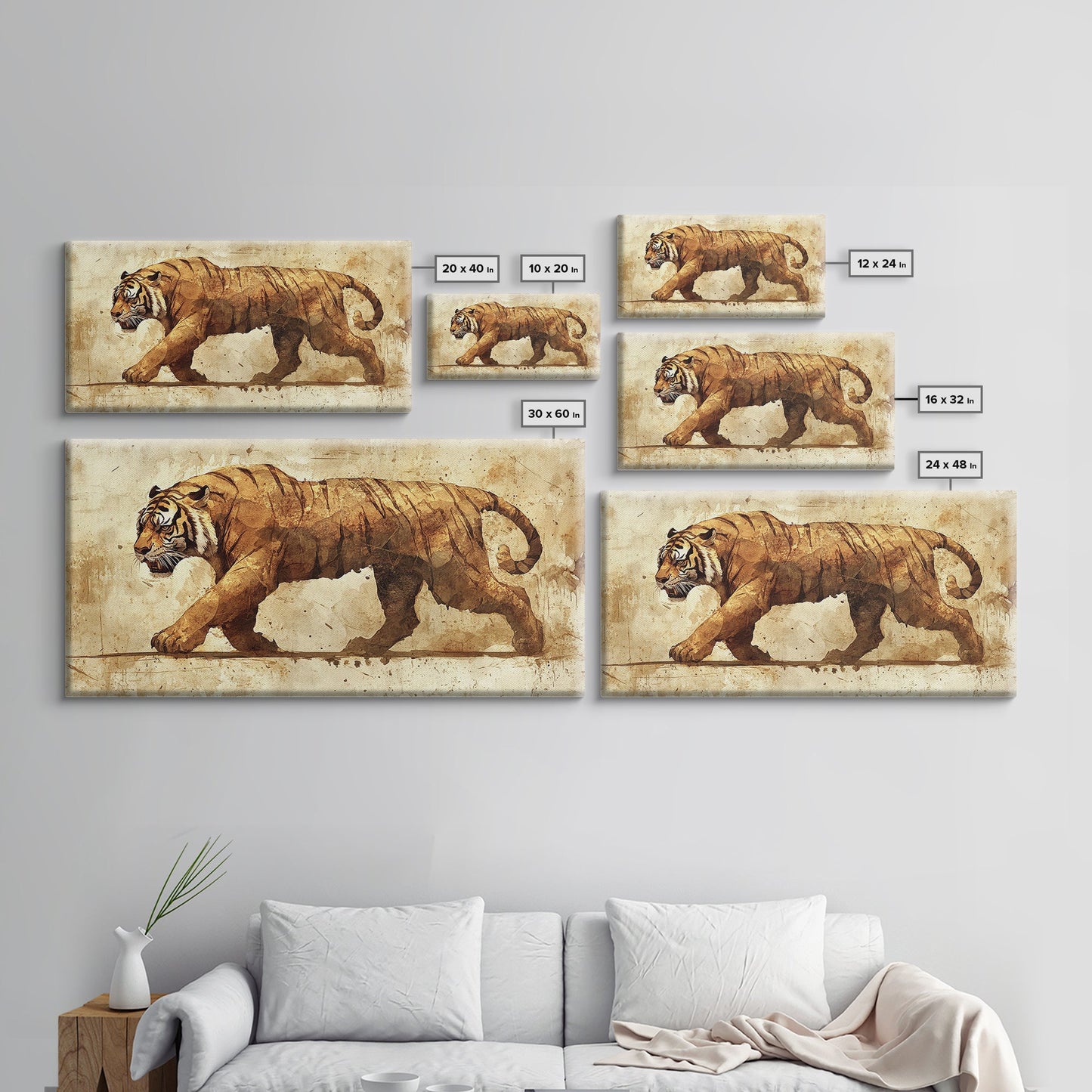 Tiger On The Hunt, Framed Canvas Print, Wabi Sabi Tiger Painting, Elegant Japanese Style Artwork