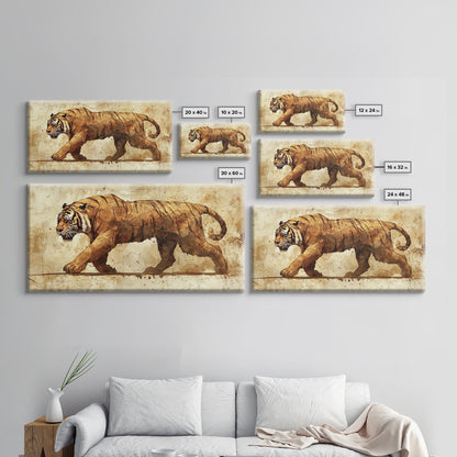 Tiger On The Hunt, Framed Canvas Print, Wabi Sabi Tiger Painting, Elegant Japanese Style Artwork