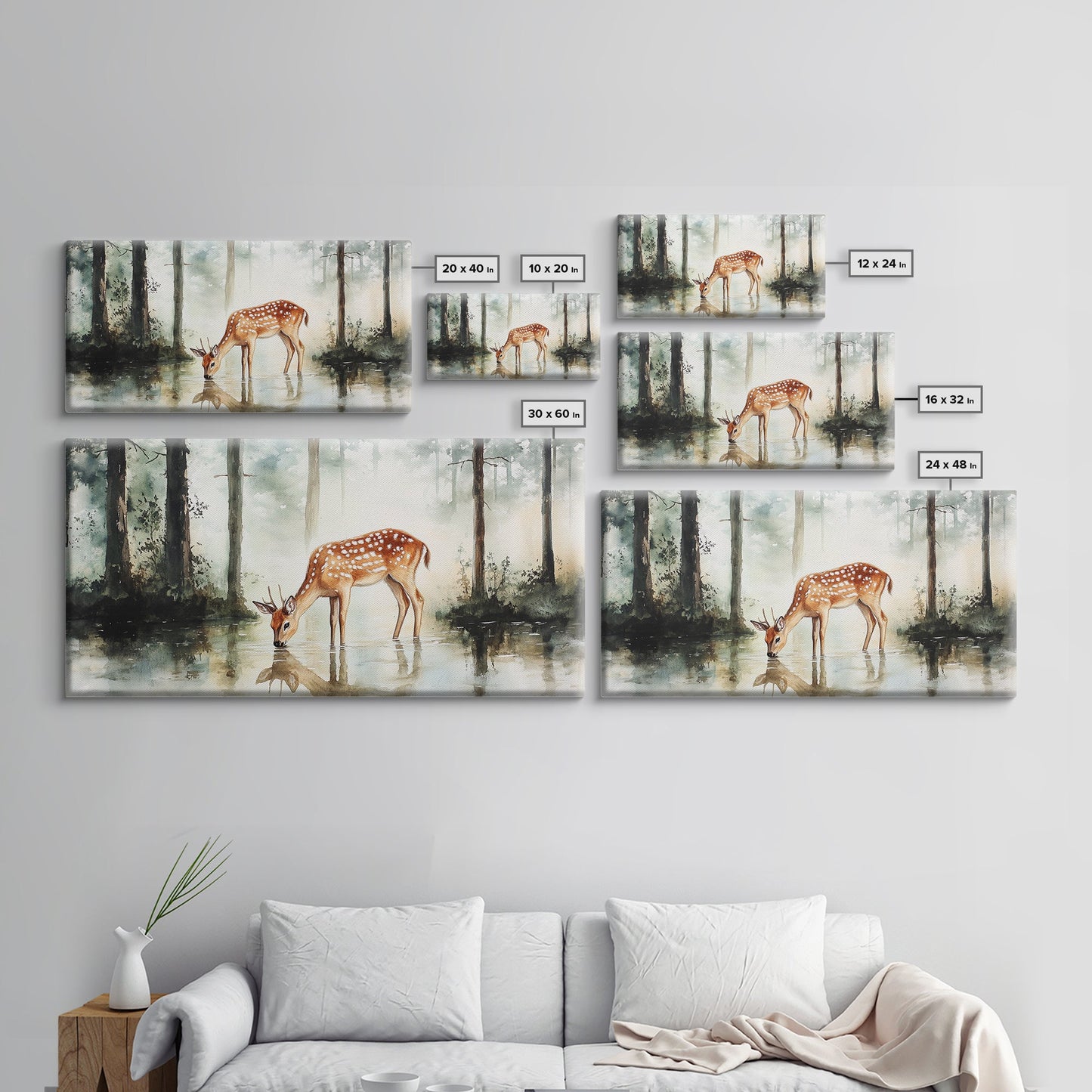 Rustic Farmhouse or Cabin Wall Art Painting of a Deer Drinking Water In The Forest, Minimalist Farmhouse Decor, Framed Canvas Print