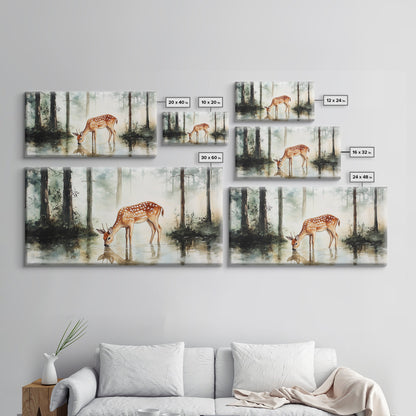 Rustic Farmhouse or Cabin Wall Art Painting of a Deer Drinking Water In The Forest, Minimalist Farmhouse Decor, Framed Canvas Print