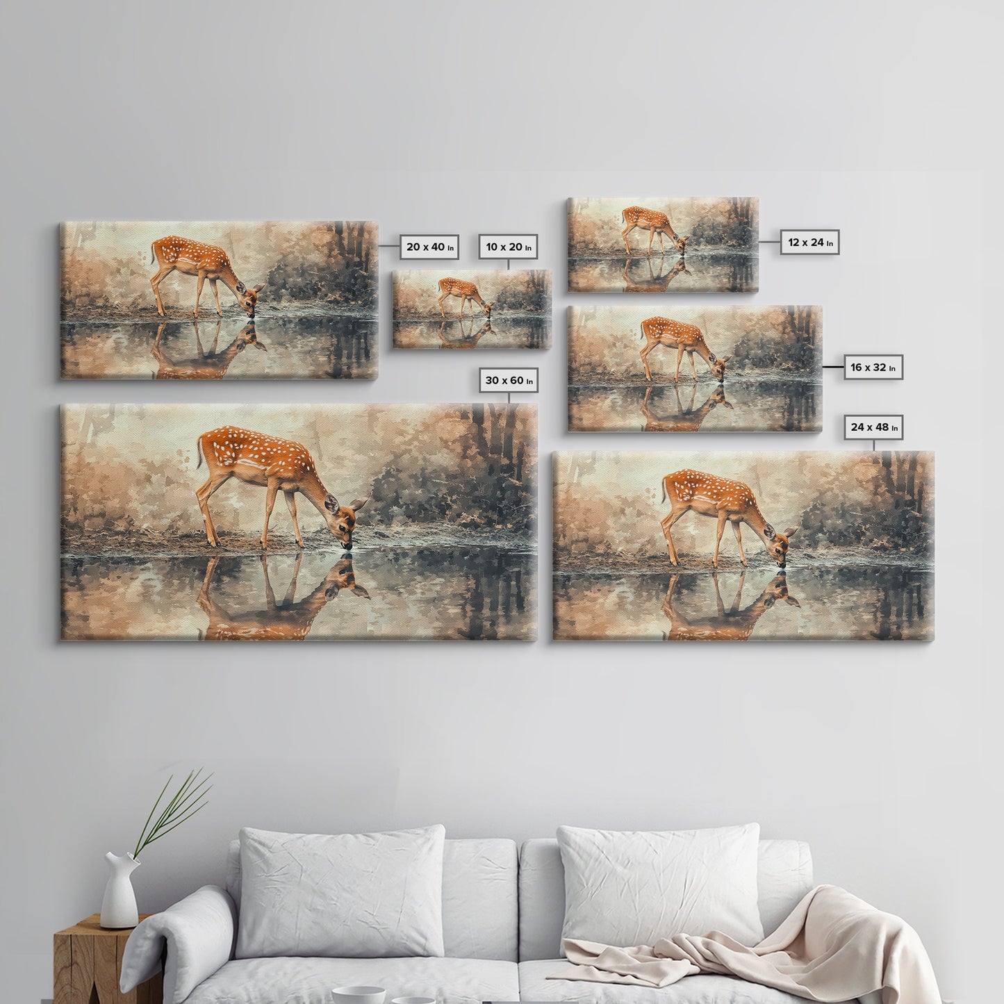 Reflection of a Deer Drinking Water - Framed Canvas Print - Cute Farmhouse Wall Art - Farmhouse Decor