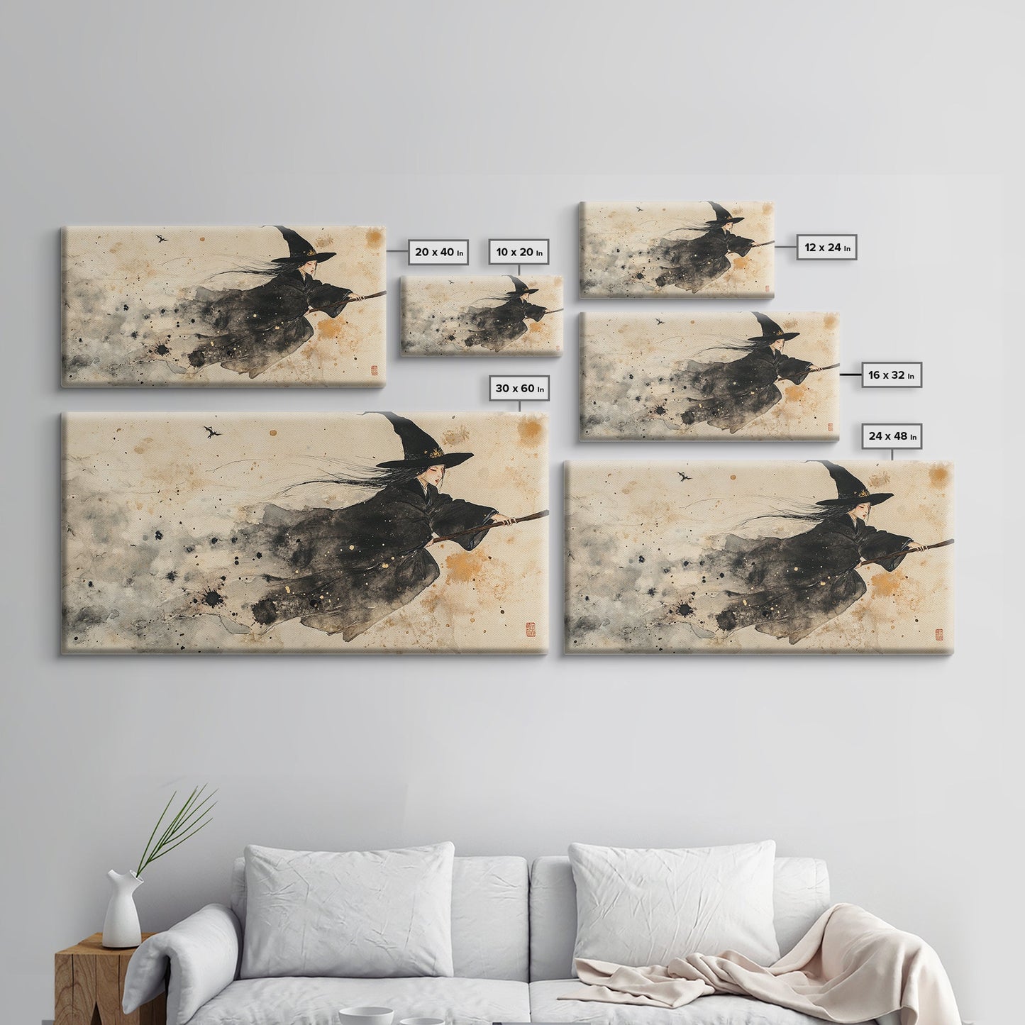 Wabi Sabi Witch Rides Her Broom - Framed Canvas Print - Witch Painting - Witchy Wall Art - Witch Decor