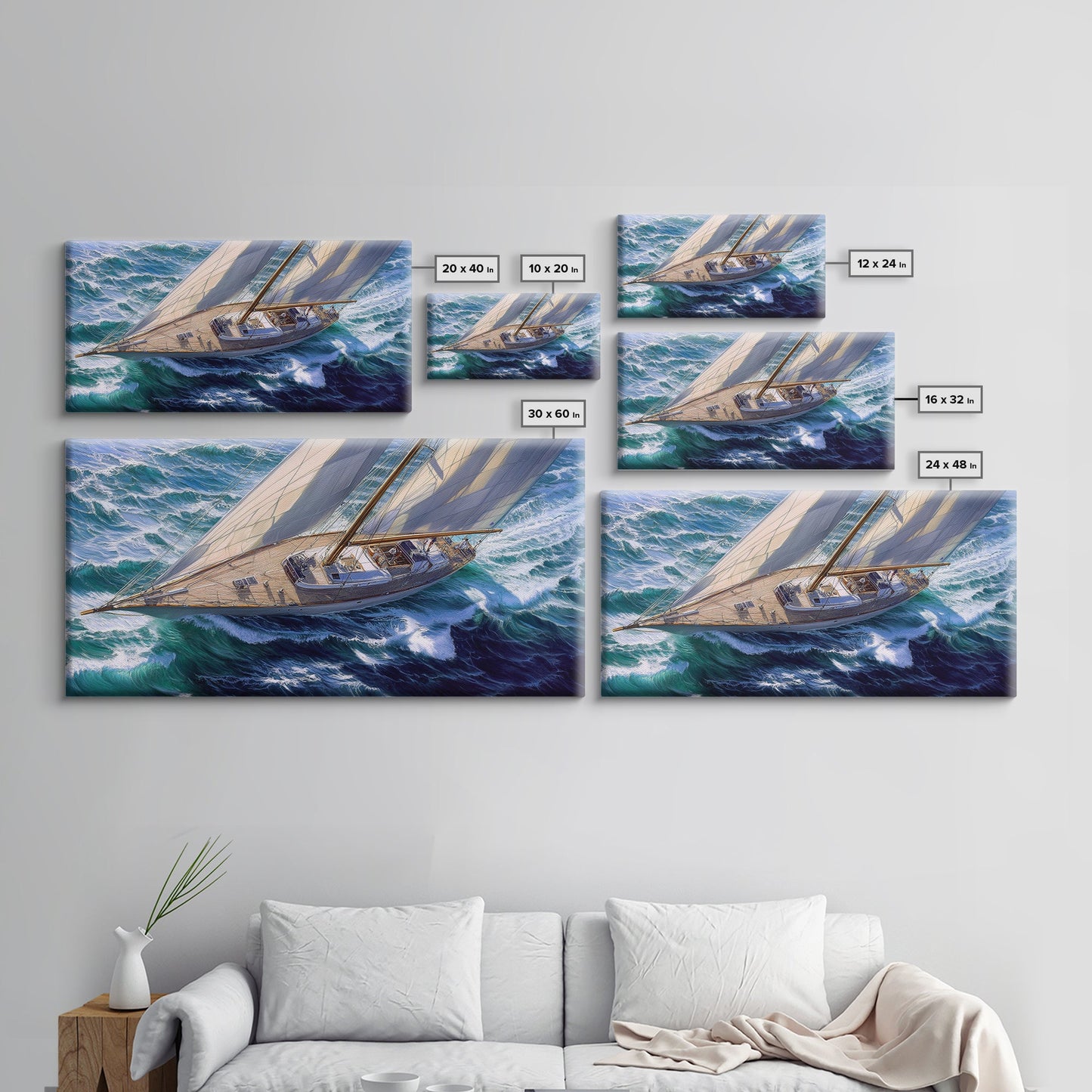 Bird's Eye View of a Retro Sailboat Painting Print, Sailboat Wall Art, Nautical Decor, Sailing Gift Idea, Sailing Wall Art