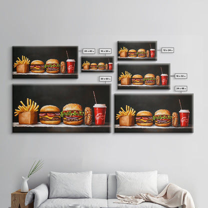 Burger and Fries Framed Canvas Print, Kitchen Canvas Art, Kitchen Wall Art, Burger Painting, Burger Art, Dining Room Wall Art