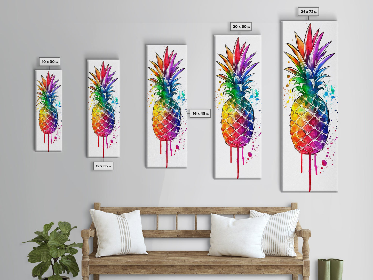Pineapple painting vibrant wall art framed canvas print, colorful tropical art, kitchen decor, unique pop art style, perfect gift idea