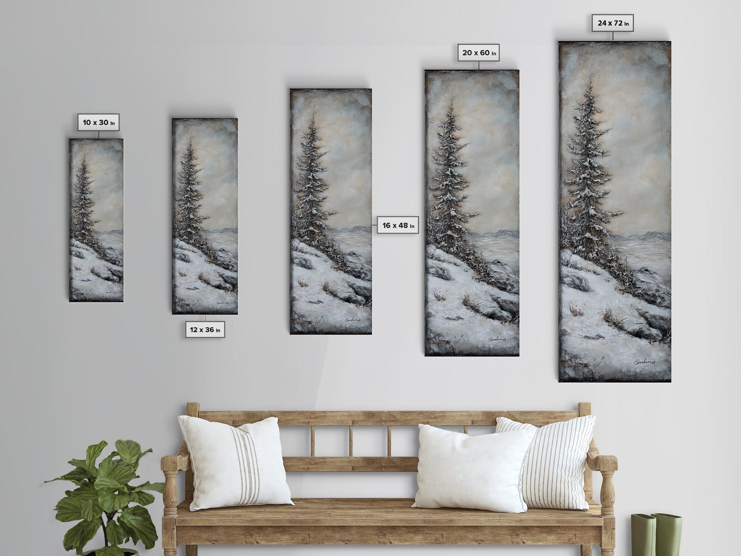 Framed Canvas Print Winter Pine Tree Art Rustic Landscape Wall Art Tall Narrow Art Cozy Cabin Decor Above Sofa Art
