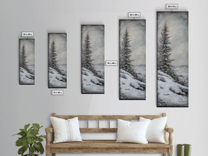 Framed Canvas Print Winter Pine Tree Art Rustic Landscape Wall Art Tall Narrow Art Cozy Cabin Decor Above Sofa Art