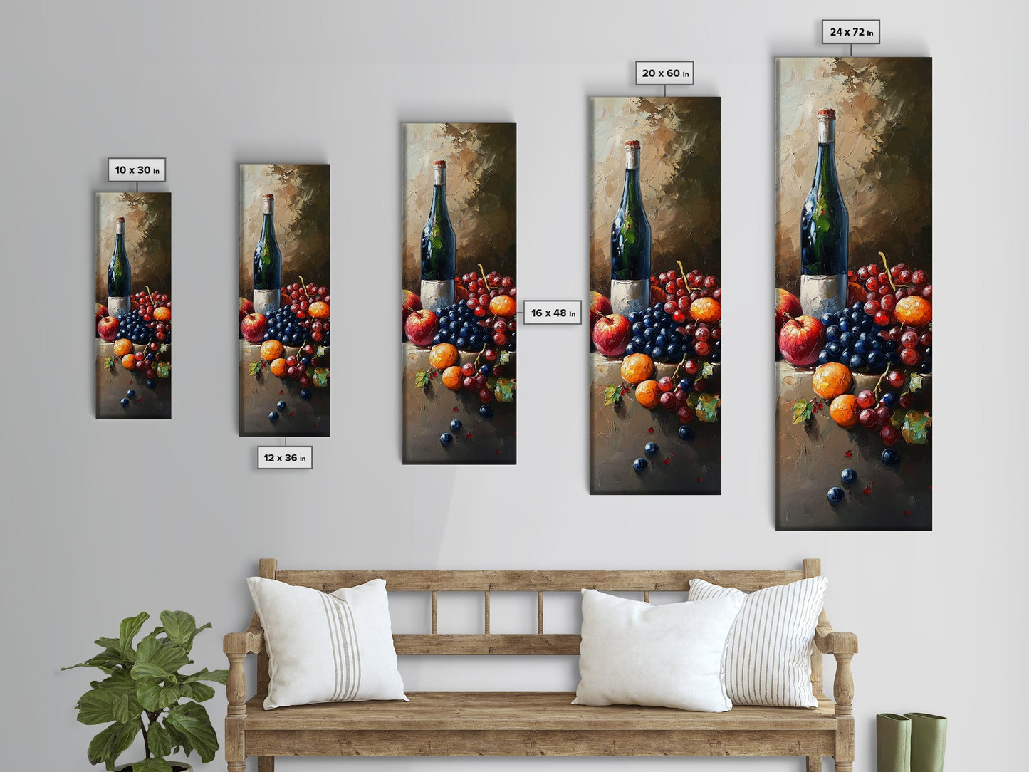 Skinny Vertical Art for Wine Cellar, Wine Room Art, Still Life Oil Painting of Wine and Grapes, Victorian Oil Painting, Retro Kitchen Decor