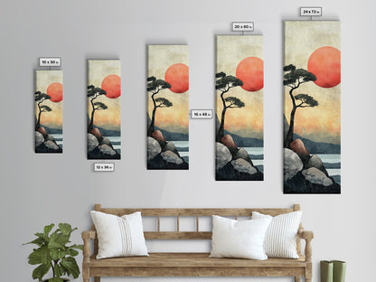 Japanese Landscape with Sunset Canvas Print, Red Sun Over Mountains, Minimalist Nature Art, Coastal Wall Art, Framed Canvas Print, Boho Decor