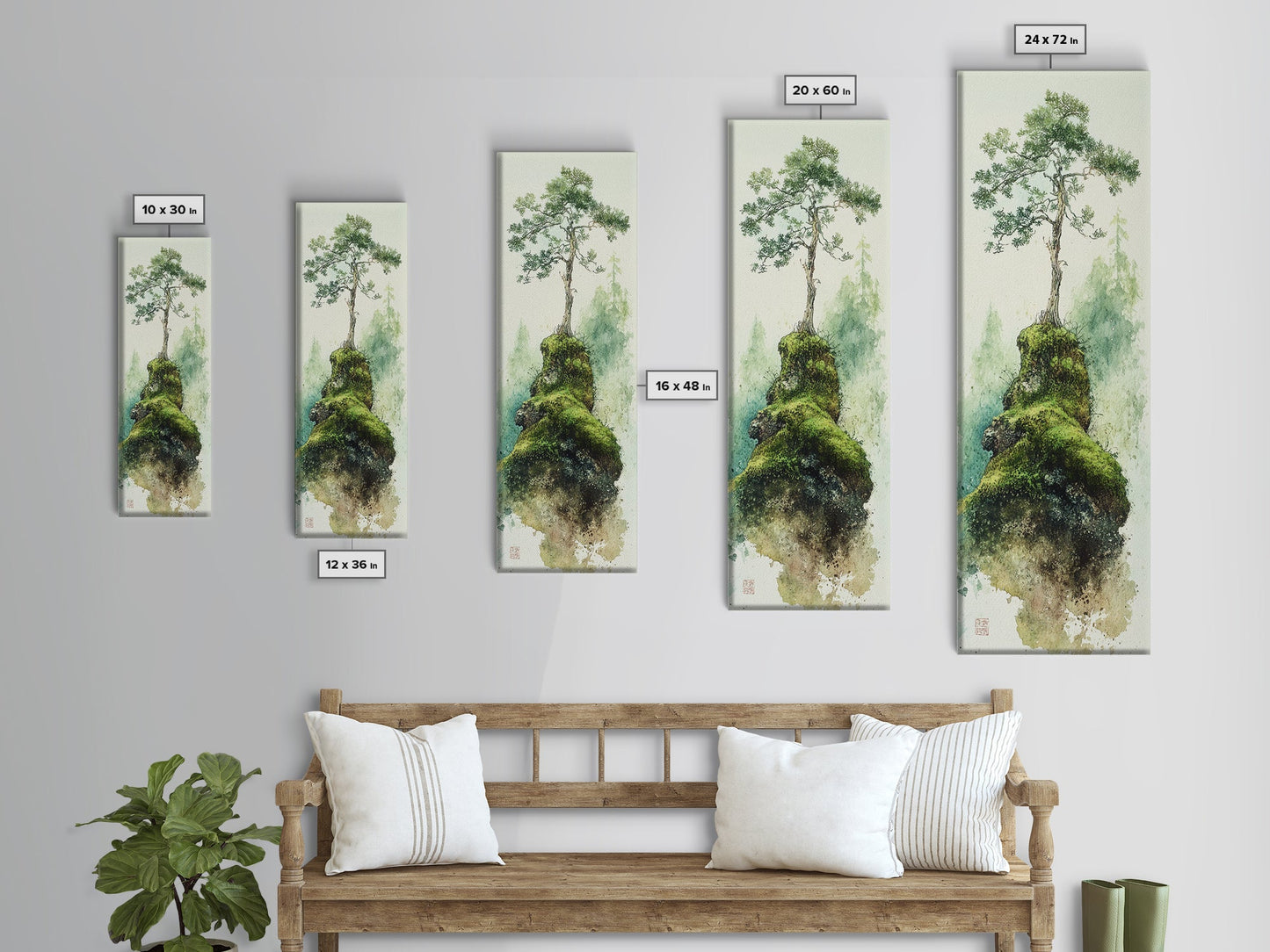 Framed Canvas Print Serene Tree Art Nature-Inspired Decor Wabi Sabi Art Botanical Print Calm Green Tones Above Couch Art Minimalist Decor