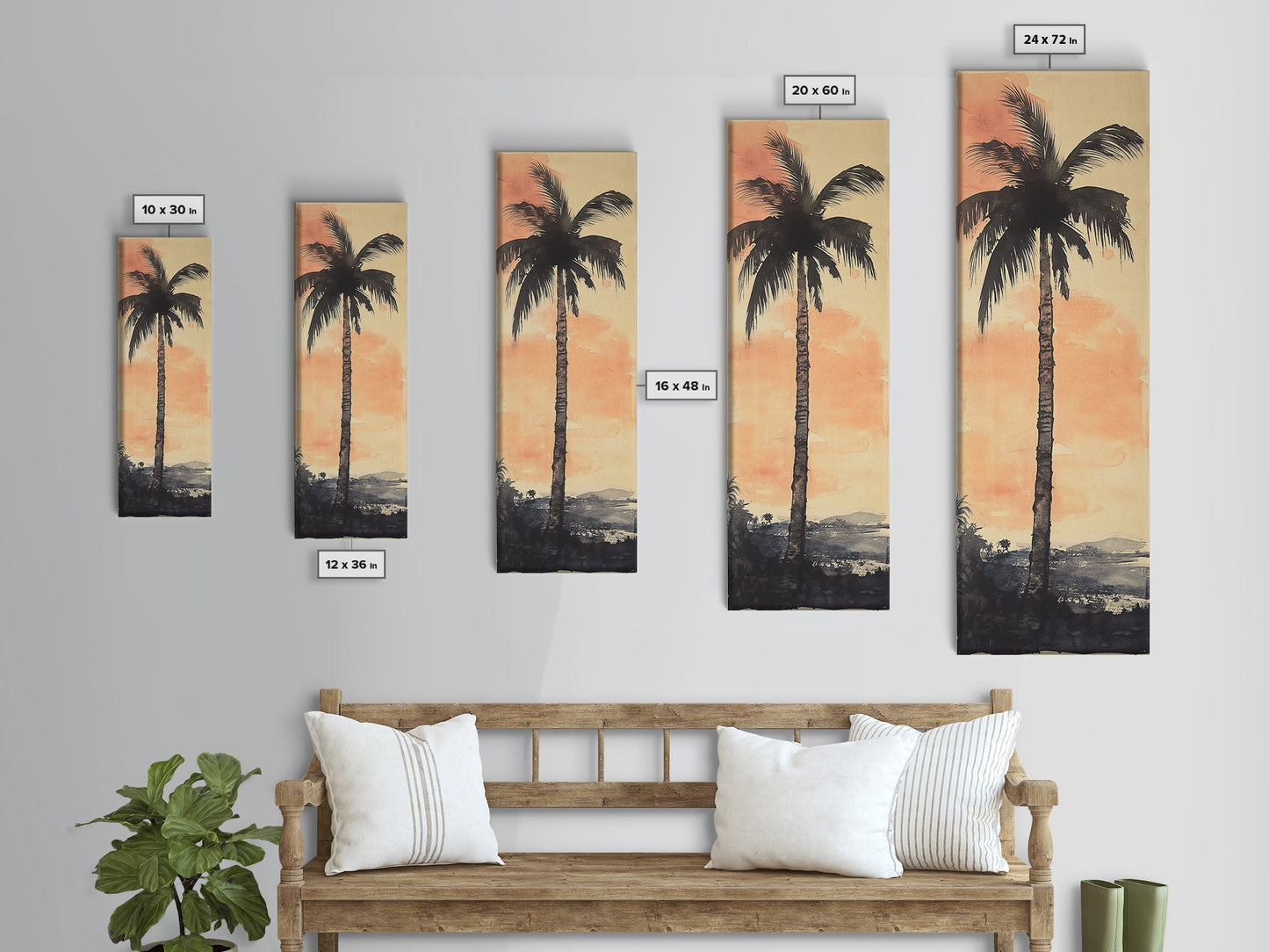 Framed Canvas Print Moody Palm Tree Painting Sunset Coastal Wall Art, Rustic Decor, Tropical Living Room Above Sofa Art, Bedroom Art Print