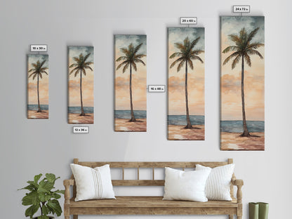 Framed Canvas Print Coastal Palm Tree Art, Sunset Beach Scene, Tropical Coastal Wall Art, Nautical Decor, Skinny Wall Art Gift Idea