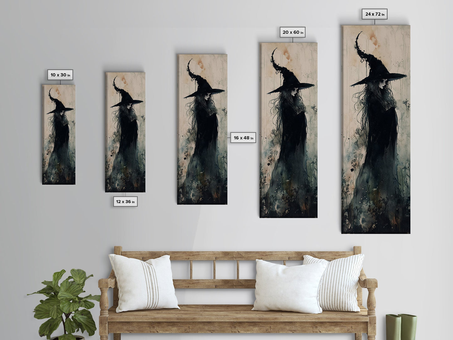 Mystical Witch in Black Forest Art - Framed Canvas Print for Halloween, Gothic Decor, Witch Art, Dark Home Decor, Long Wall Art