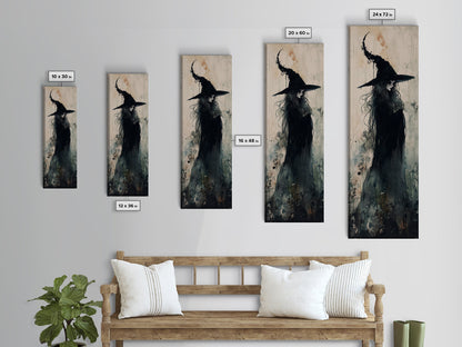 Mystical Witch in Black Forest Art - Framed Canvas Print for Halloween, Gothic Decor, Witch Art, Dark Home Decor, Long Wall Art