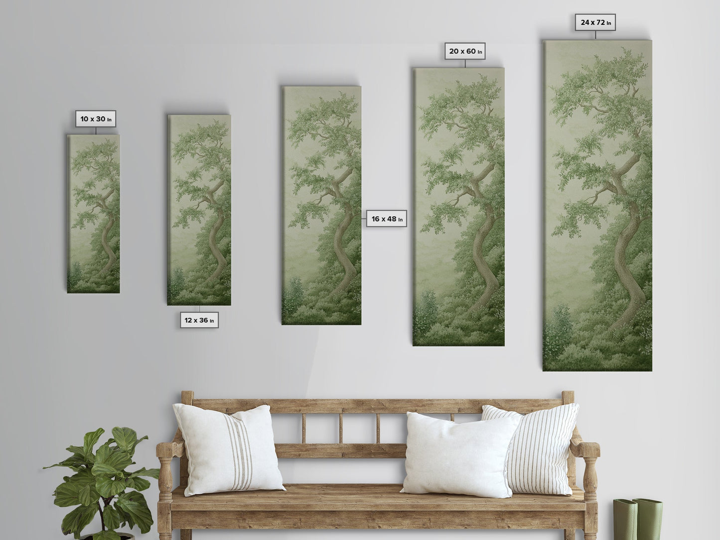 Misty Green Botanical Scene - Framed Canvas Print Showcasing Wabi Sabi Art Style with Tranquil Tree Landscape