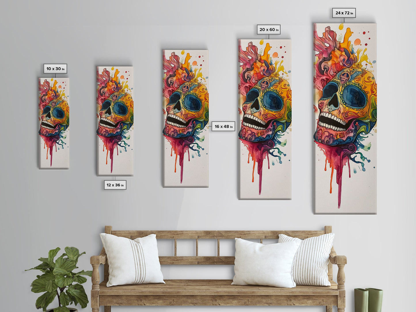 Sugar Skull Painting Print, Mexicano Wall Art, Framed Canvas, Tall Narrow Art, Skinny Accent Piece, Skull Painting, Skull Art, Chicano Art