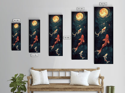 Koi Fish Under a Full Moon, Framed Canvas Print, Wabi Sabi Home Decor, Funky Boho Wall Art, Tall Skinny Art, Narrow Tall Wall Art