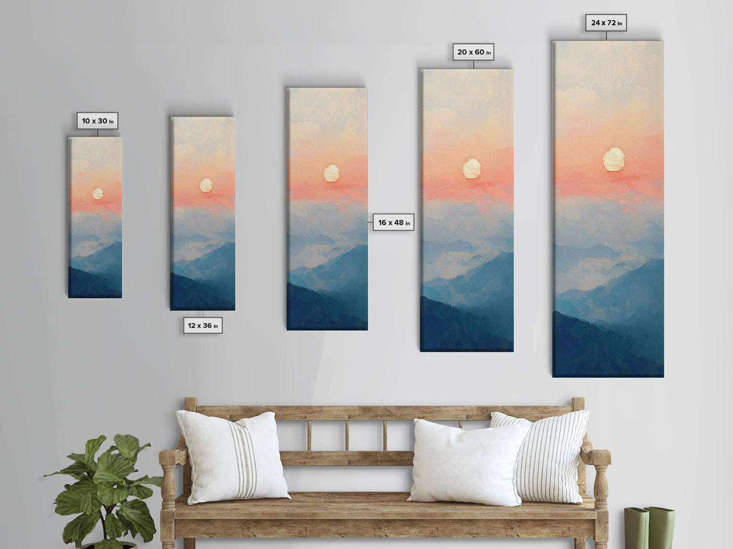 Wabi Sabi Sunset Oil Painting Print, Framed Canvas, Coastal Decor, Sunrise Over The Mountains, Boho Style Wall Art, Tall Narrow Wall Art