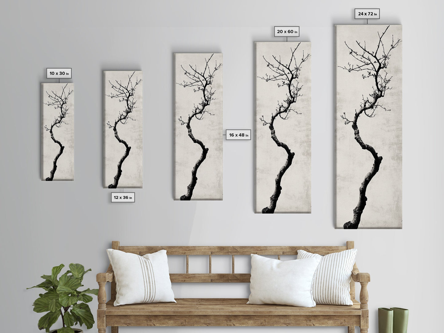 Framed Canvas Print of Minimalist Birch Tree Art in Black and White, Wabi Sabi Art, Rustic Wall Art, Above Bed Wall Art, Tall Skinny Art, Japanese Aesthetic