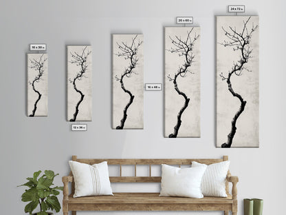 Framed Canvas Print of Minimalist Birch Tree Art in Black and White, Wabi Sabi Art, Rustic Wall Art, Above Bed Wall Art, Tall Skinny Art, Japanese Aesthetic