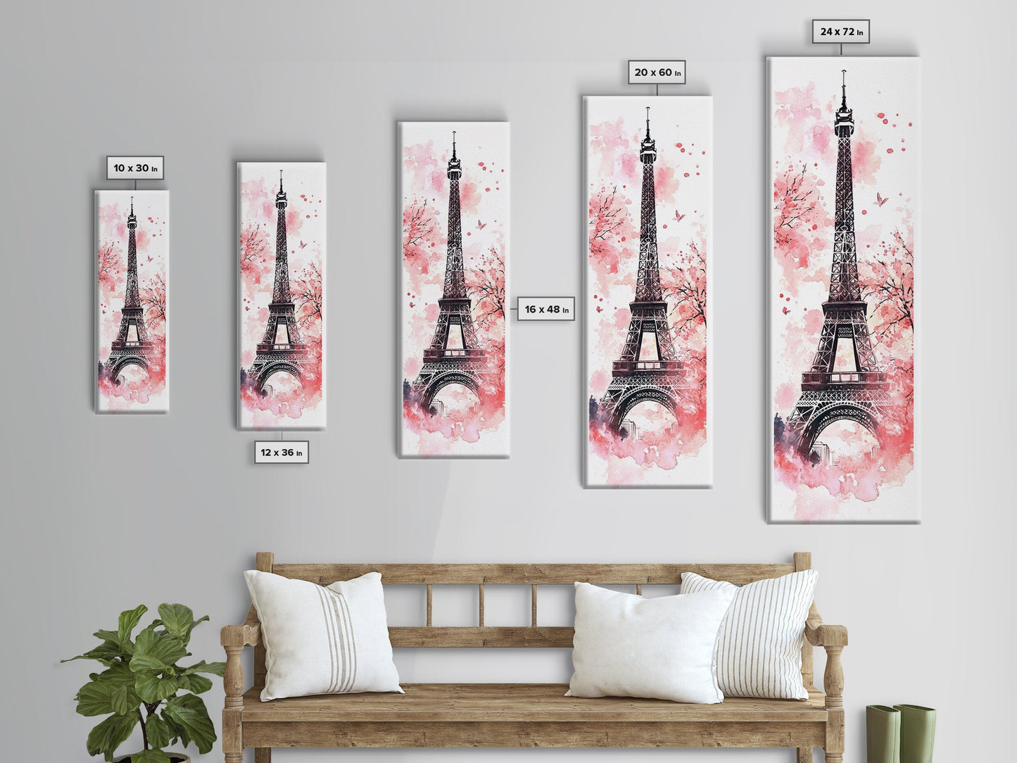 Eiffel Tower Wall Art Framed Canvas Print, Cherry Blossom Painting Vertical Paris Decor, Pink Dorm Art, French Travel-Inspired Gift