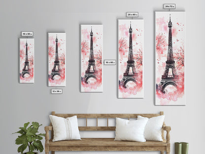 Eiffel Tower Wall Art Framed Canvas Print, Cherry Blossom Painting Vertical Paris Decor, Pink Dorm Art, French Travel-Inspired Gift