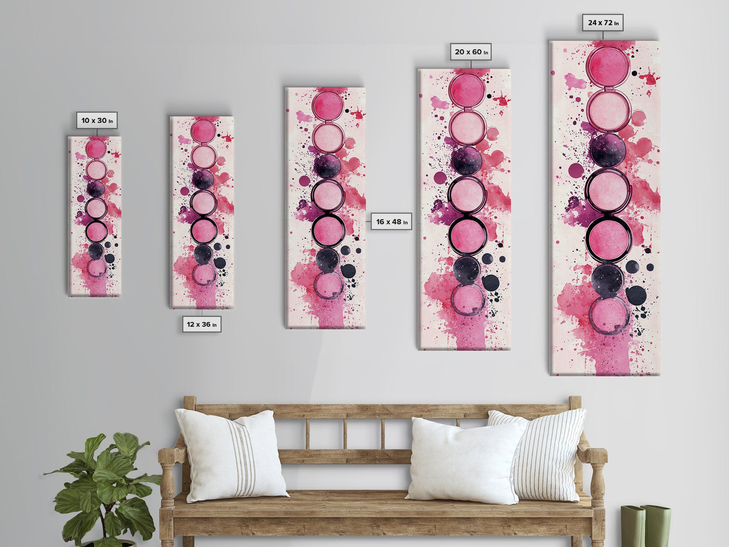Makeup Palette Canvas Print, modern pink abstract art with splatter design, bold vertical wall art, unique wabi sabi minimalist print.