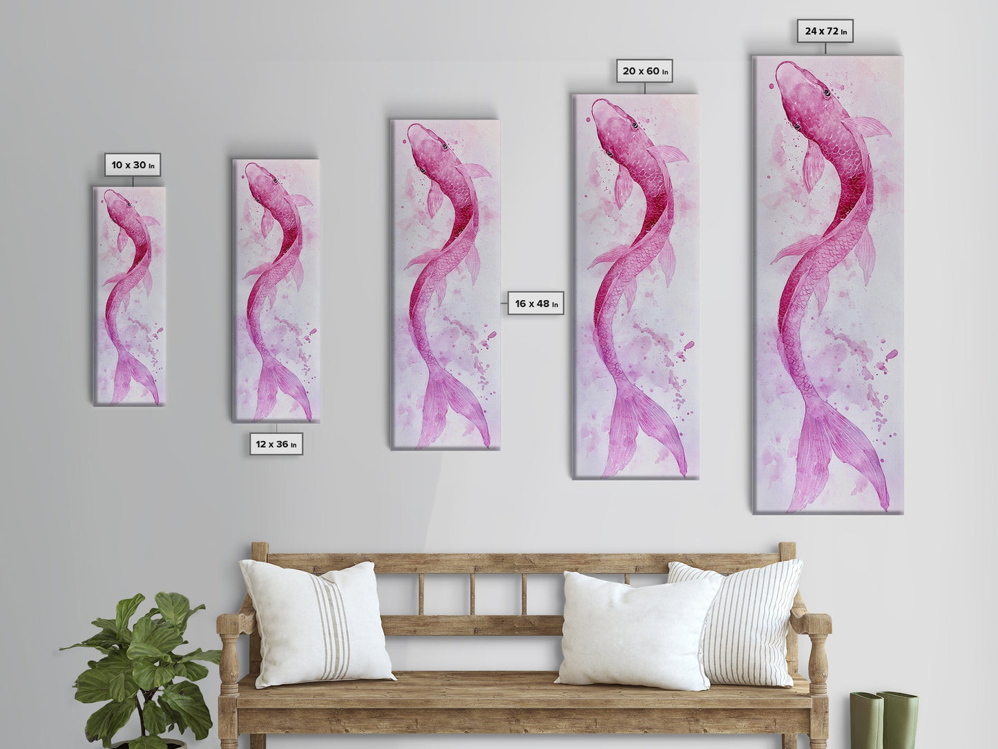 Koi Fish Canvas Print - Pink Whimsical Art, Minimalist Japanese Fish Painting, Skinny Wall Art, Peaceful Above Sofa Artwork