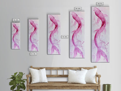 Koi Fish Canvas Print - Pink Whimsical Art, Minimalist Japanese Fish Painting, Skinny Wall Art, Peaceful Above Sofa Artwork