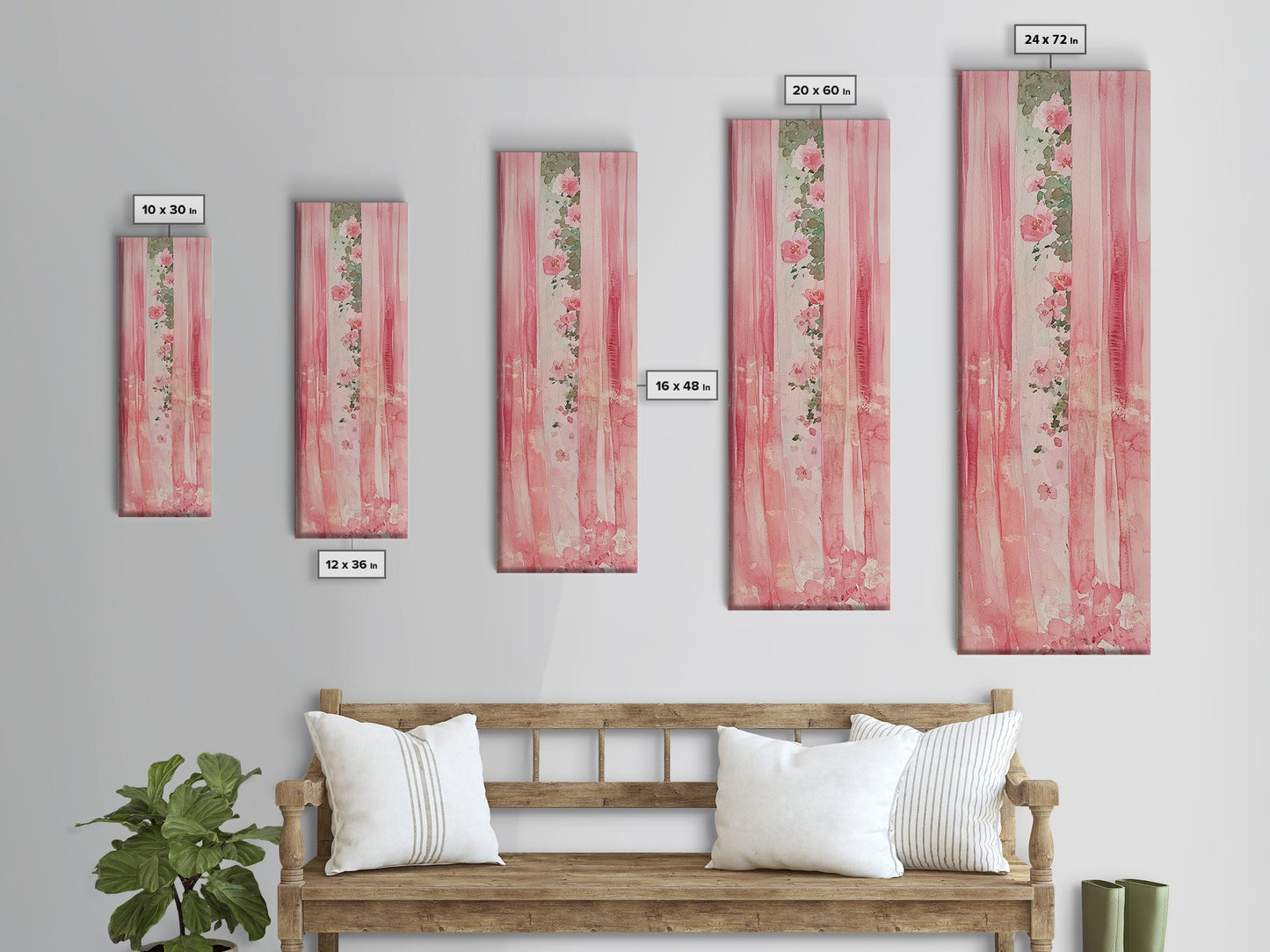 Pink Floral Curtains Framed Canvas Print Whimsical Art Light Pink Wall Art Vertical Wall Art Minimalist Art Rustic Decor Gift