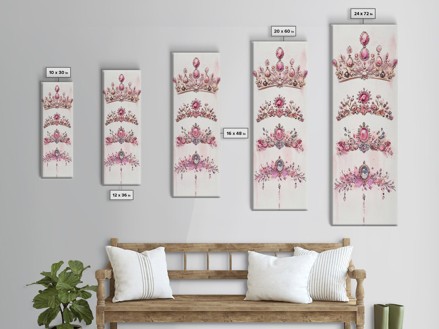 Royal Pink Tiara Framed Canvas Print Princess Gemstone Painting Feminine Wabi Sabi Art Vertical Wall Art Elegant Home Decor