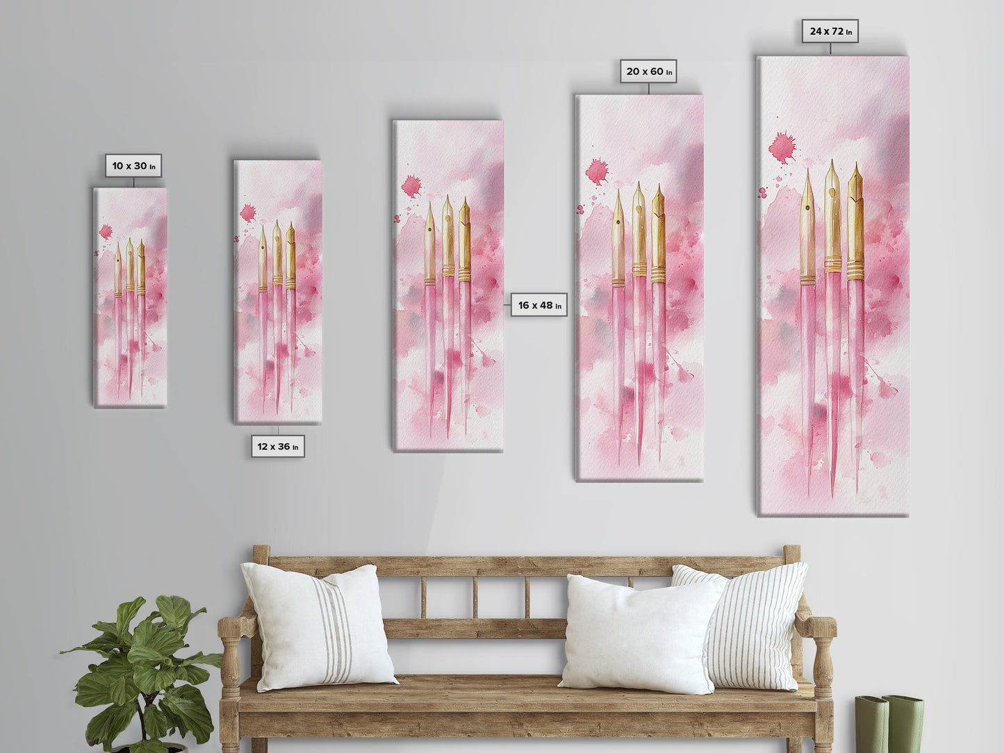 Pink Fountain Pens Canvas Print Whimsical Art Writer’s Gift Minimalist Art Living Room Decor Unique Office Wall Art Illustration