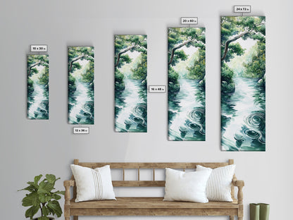 Serene Forest Stream Framed Canvas Print Coastal Landscape Art Green Wall Art Rustic Decor Vertical Art Guest Room Wall Decor