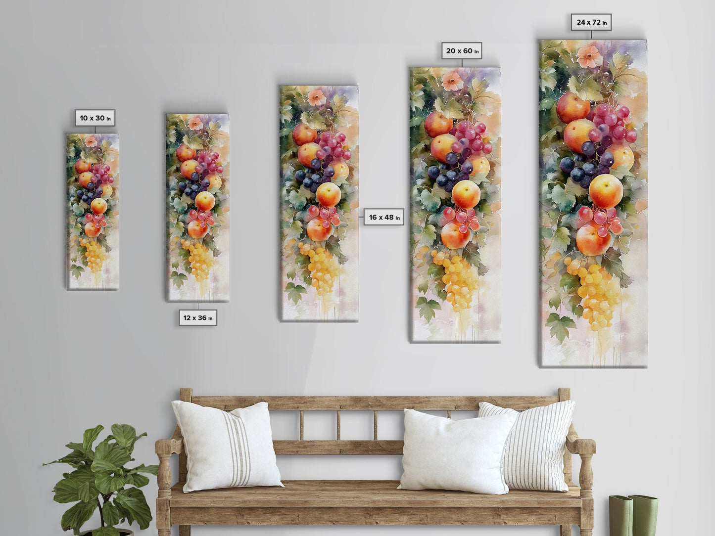 Vibrant Fruit Canvas Print with Grapes and Apples, Fall Rustic Kitchen Art, Farmhouse Vertical Living Room Wall Decor