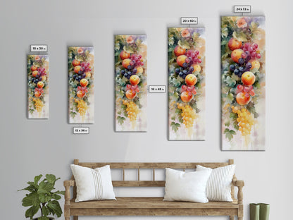 Vibrant Fruit Canvas Print with Grapes and Apples, Fall Rustic Kitchen Art, Farmhouse Vertical Living Room Wall Decor