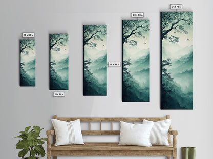 Misty Forest Panorama Framed Canvas Print Southwest Wall Art Vertical Nature Scene Above Couch Art Smoky Mountain Landscape