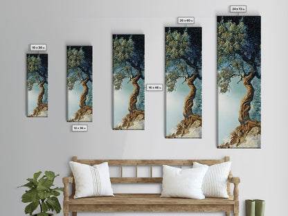 Detailed Oak Tree Framed Canvas Print in Textured Earth Tones, Tall Narrow Wall Art for Living Room or Bedroom Rustic Decor